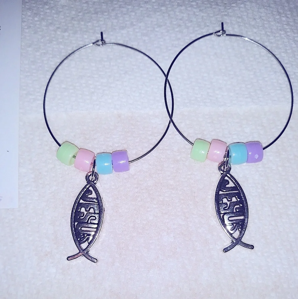 Handmade Jesus Fish Charm beaded Hoop Earrings Med sized Silver Stainless NEW